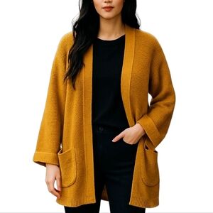 Ceny Womens Open Weave Knit Cardigan Long Sleeve Pockets Mustard XLarge